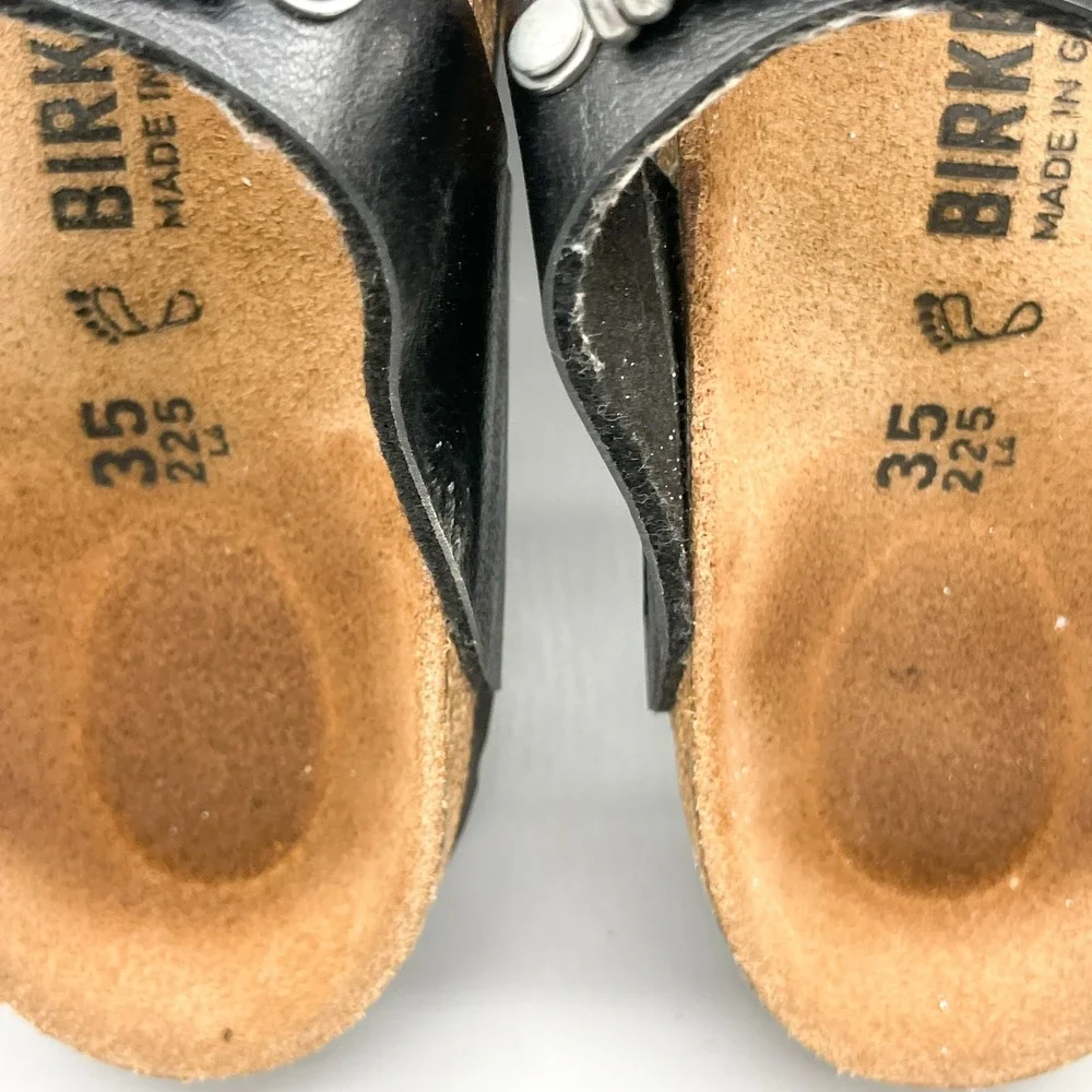 Birkenstock Womens 35 4 Gizeh Fringe Sandals Black Leather Silver Hardware Boho